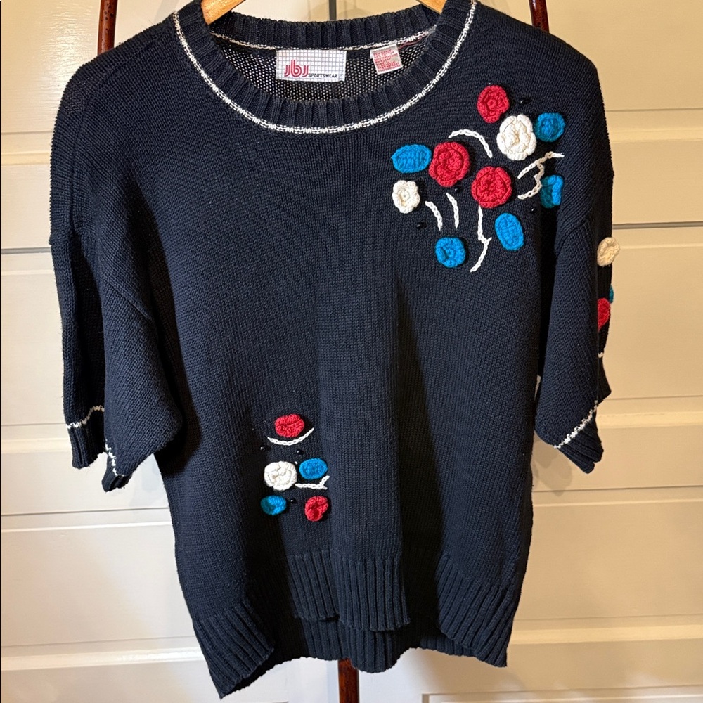 Vintage 80s Jbj Sportswear Knit Sweater Floral Appliqué Cottagecore
